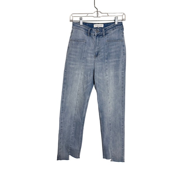 Risen Jeans Denim - Risen Jeans Womens Size 5/27 High Rise Straight  Light Wash Front Seam Raw Hem